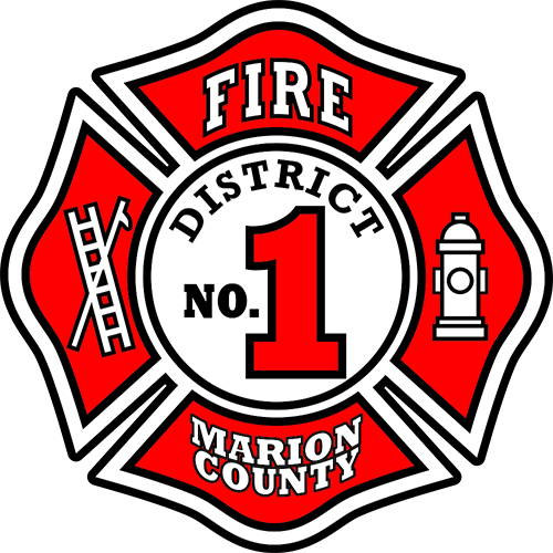 Emblem of Marion County Fire District No. 1, featuring a red and white Maltese cross with a ladder and fire hydrant. The text reads: "Fire District No. 1 Marion County" in bold letters.